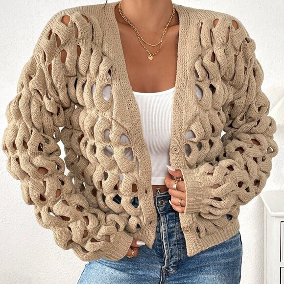 Khaki Casual Women's Long Sleeve Cable Knit Hollow-Out Cardigan - Picture 3 of 7